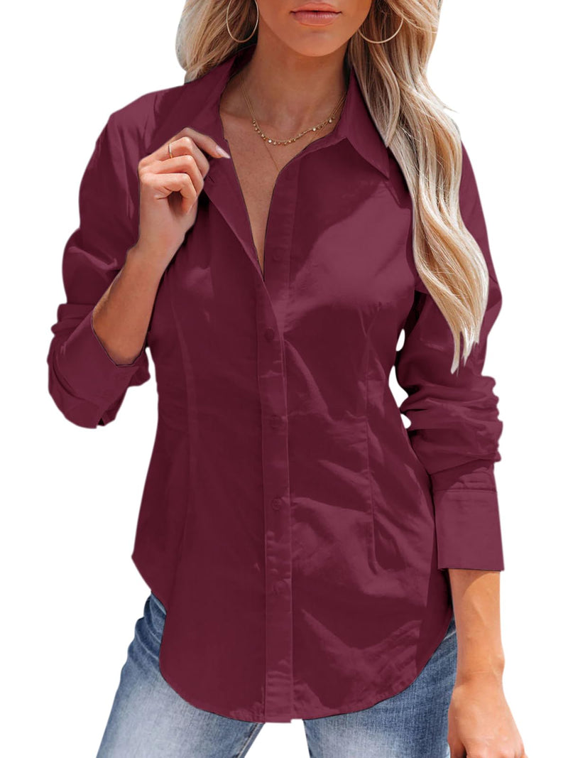 siliteelon Women's Button Down Shirts Long Sleeve Dress Shirts Wrinkle Free Collared Work Office Solid Blouses Corset Tops-94