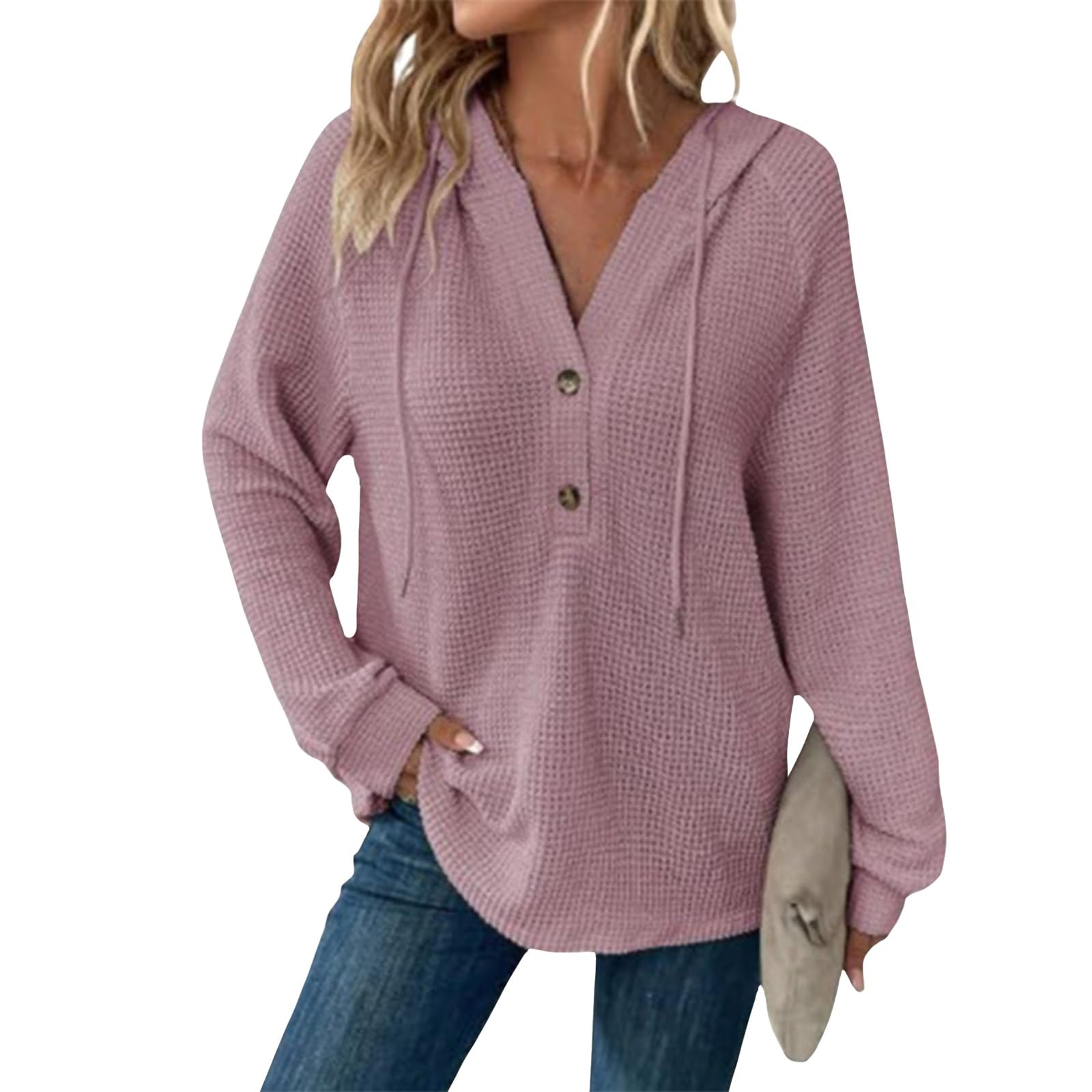 Hoodies for Women Comfortable Waffle Knit Long Sleeve Drawstring Button V Neck Casual Pullover Sweatshirt Hooded Tops-73