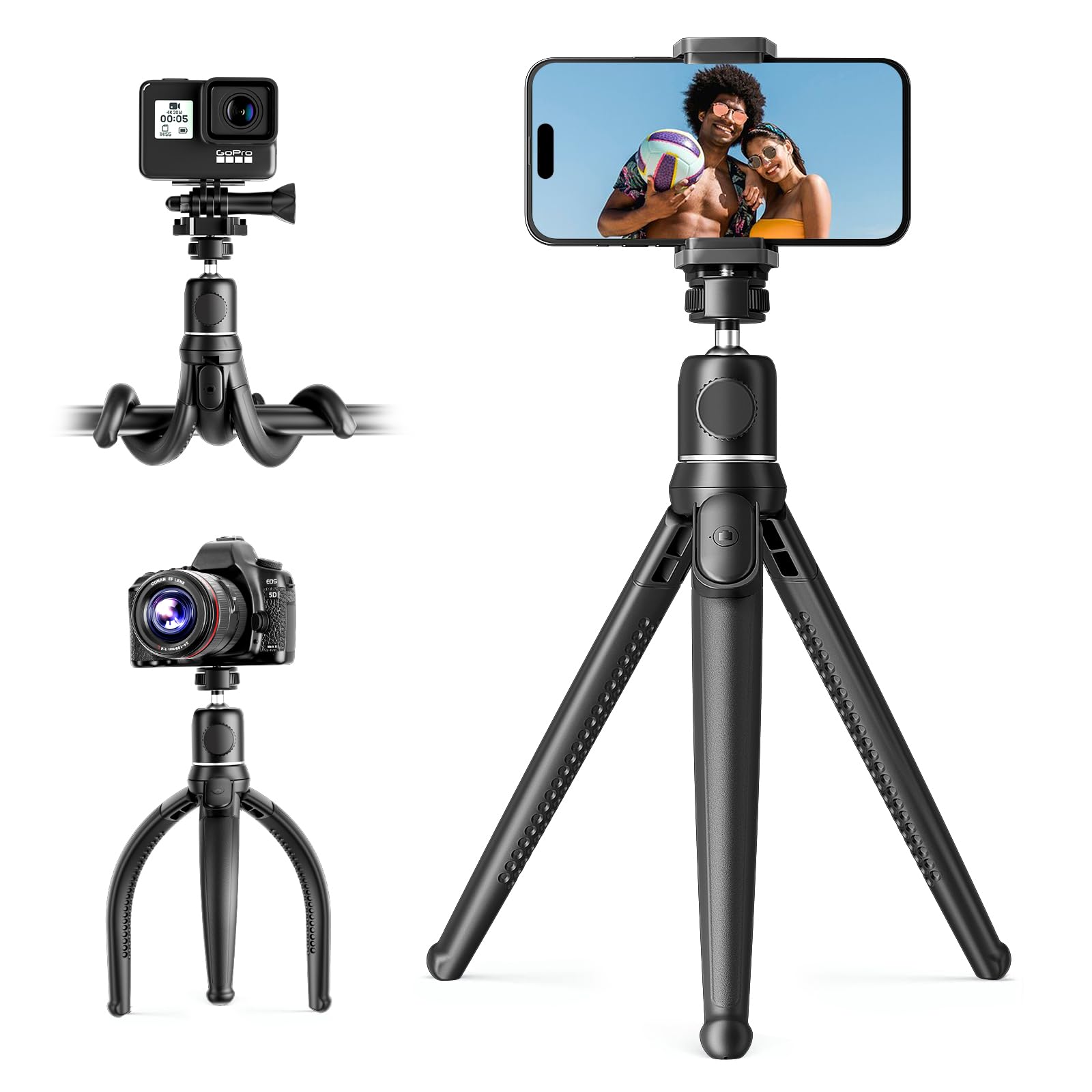 UBeesize Flexible Mini Phone Tripod, Portable and Adjustable Camera Stand Holder with Wireless Remote and Universal Clip, Compatible with Cellphones, Sports Cameras
