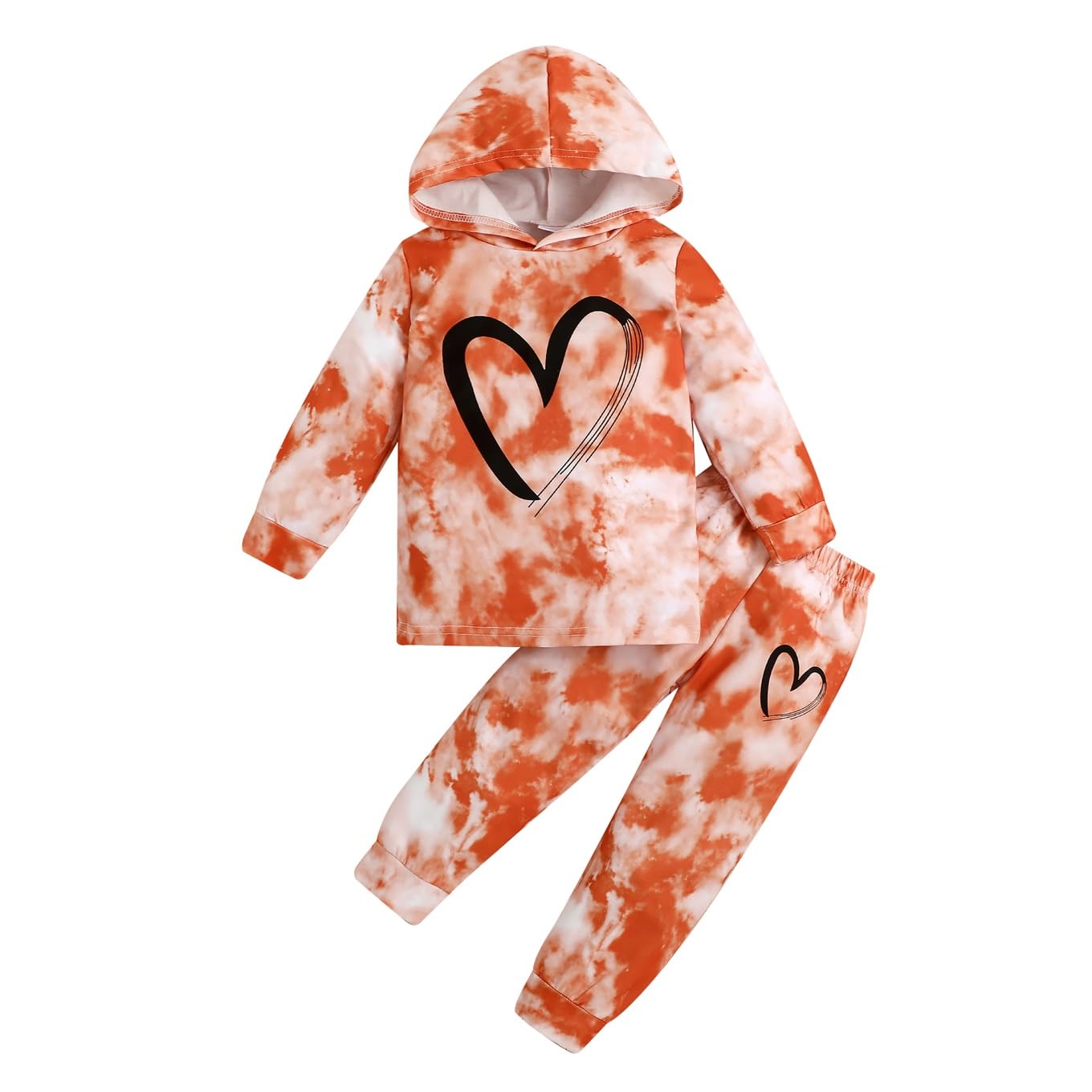 Toddler Baby Girls Clothes Long-sleeve Tie Dye Hoodie Pullover and Sweatpants Heart Print Hooded Outfits Set
