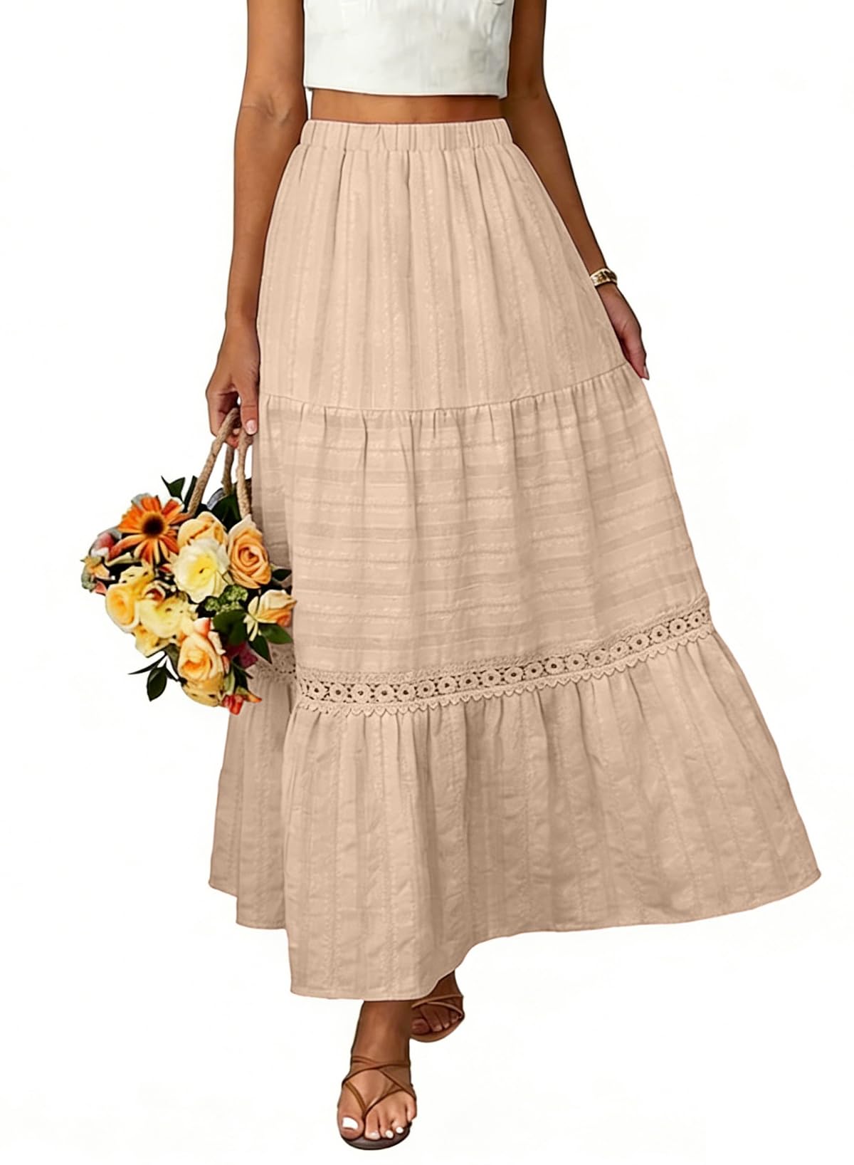 BLENCOT Long Skirts for Women Boho Crochet Lace High Waisted A-Line Cotton Tiered Maxi Skirt