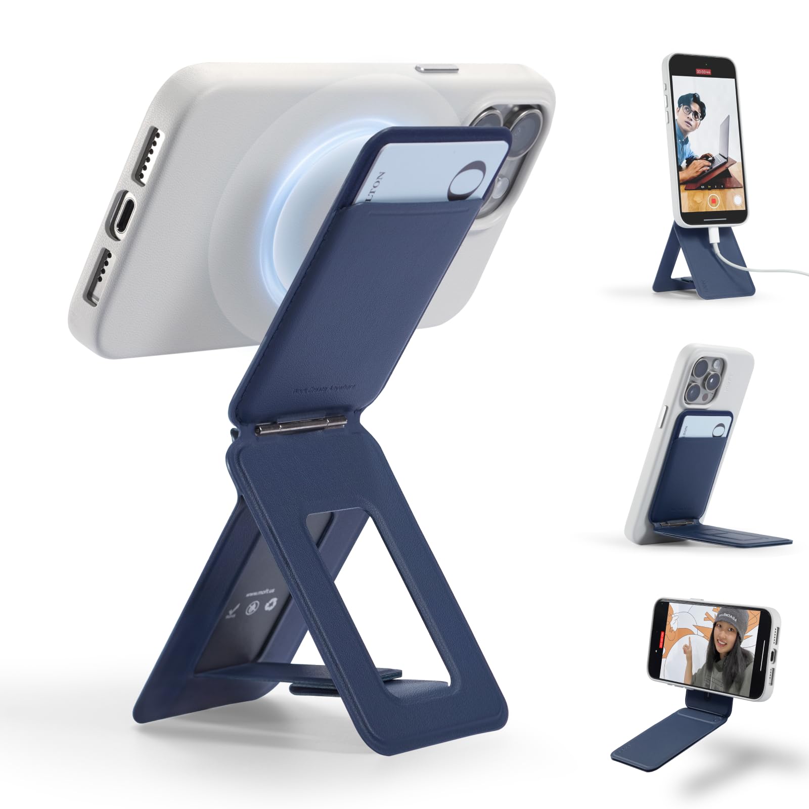 MOFT Phone Tripod Stand Selfie Stick for iPhone, Multi-Angles iPhone Stand, Lightweight & Portable Phone Holder, Strong Magnets, MOVAS Vegan Leather, Travel Essentials, Seafoam (Without Card Slot)