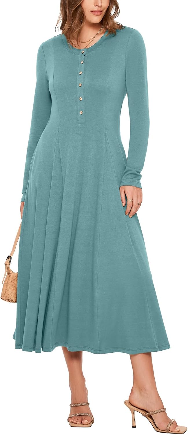 Glamaker Womens Long Sleeve Dress - 2025 Trendy Fashion Crew Neck Button Down Fit & Flare Fall Midi Dresses with Pockets-16