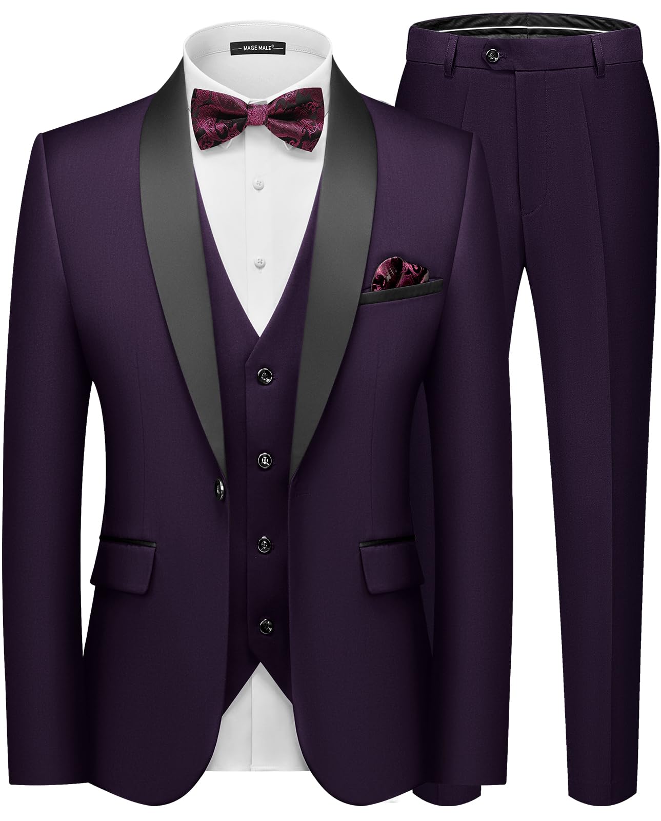 MAGE MALE Men's Slim Fit 3 Piece Suit One Button Solid Shawl Lapel Blazer Jacket Vest Pants Set with Tie Pocket Square-27
