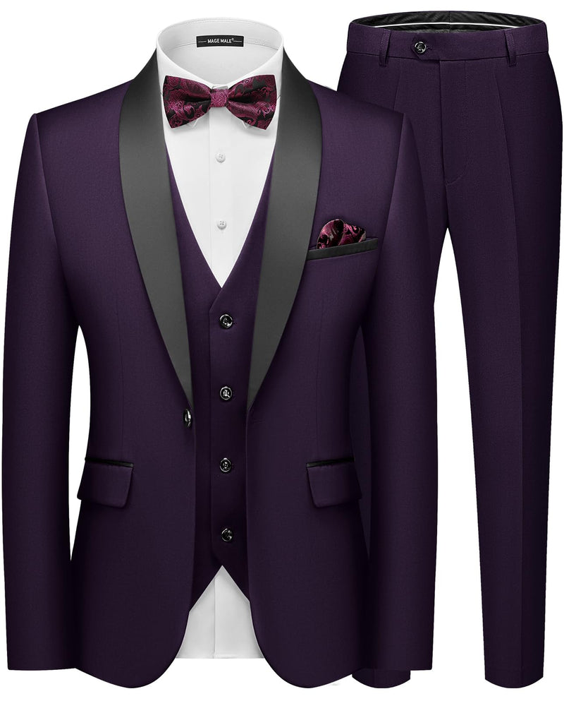 MAGE MALE Men's Slim Fit 3 Piece Suit One Button Solid Shawl Lapel Blazer Jacket Vest Pants Set with Tie Pocket Square-27