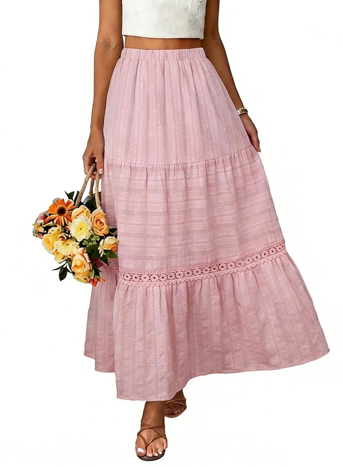 BLENCOT Long Skirts for Women Boho Crochet Lace High Waisted A-Line Cotton Tiered Maxi Skirt