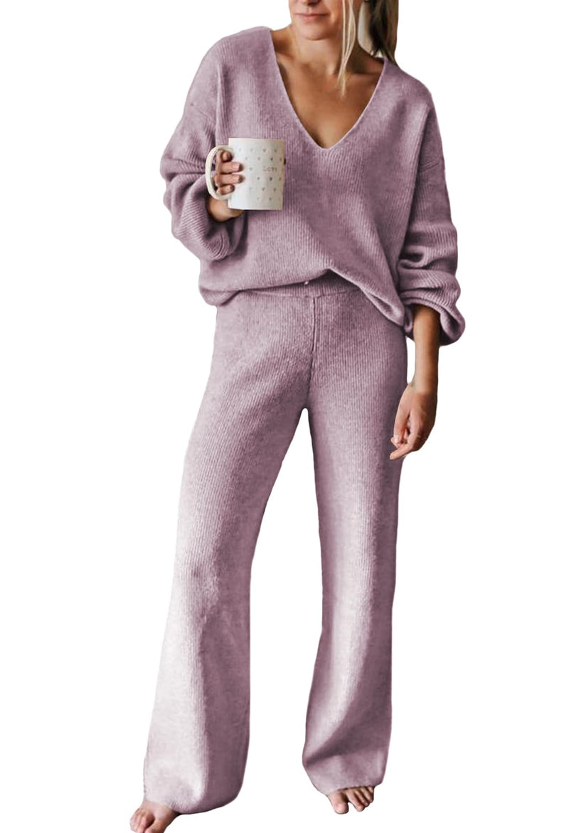 Viottiset Women's 2 Piece Outfits Casual V Neck Knit Wide Leg Sweater Lounge Set Sweatsuit-60
