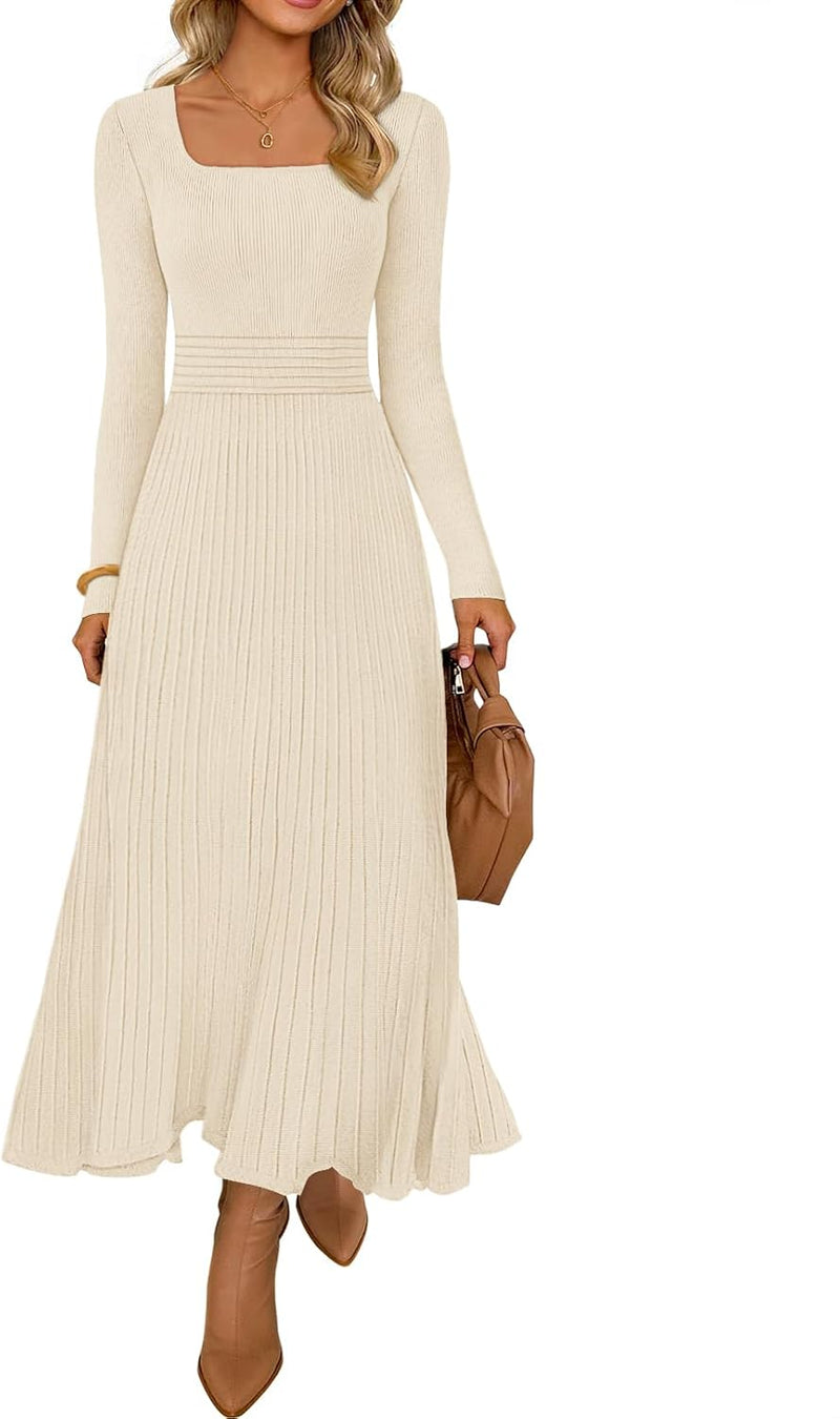 MEROKEETY Women's Sweater Dress 2025 Fall Winter Casual Long Sleeve Square Neck Pleated Church Work Knit Midi Dresses-34