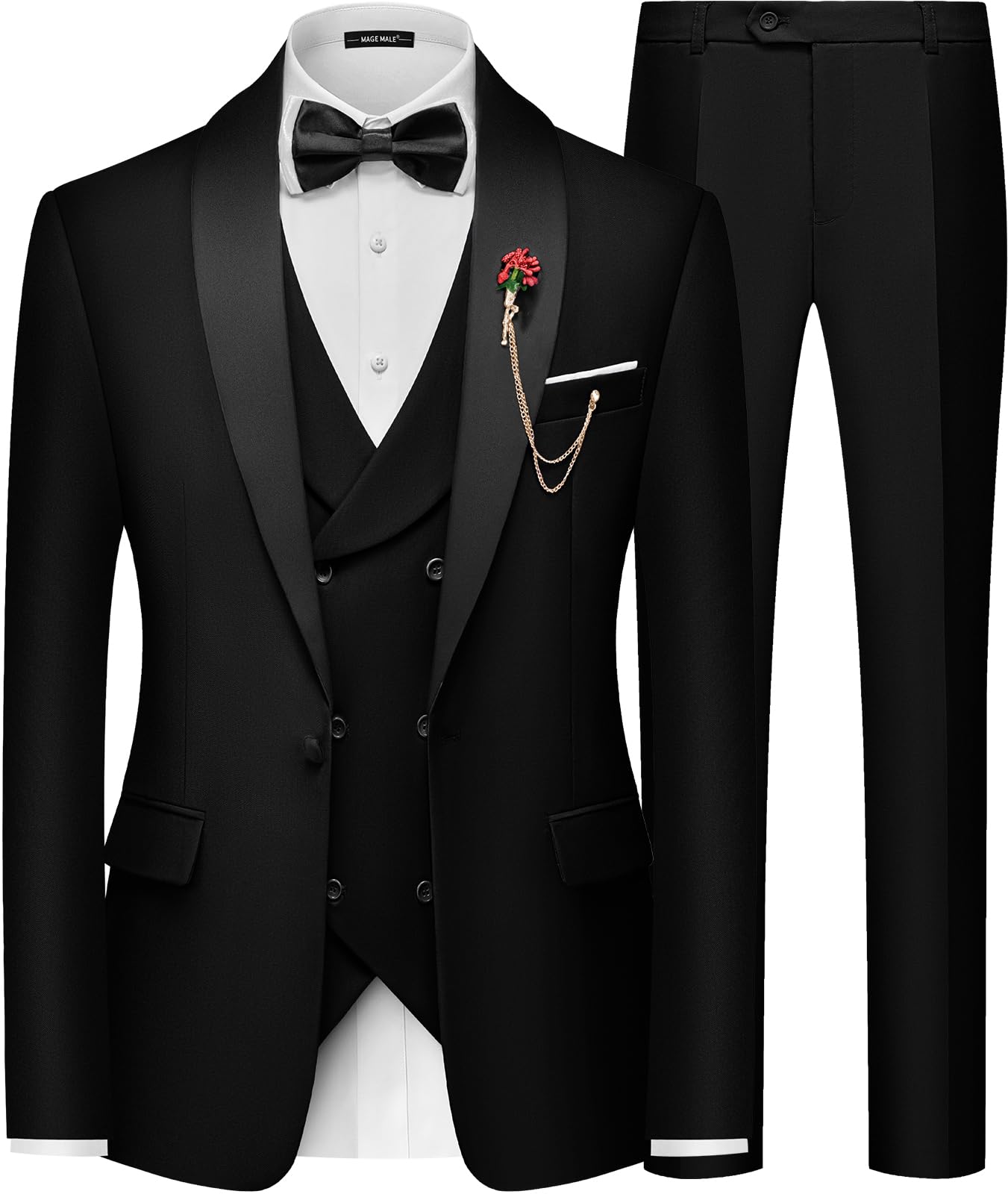 MAGE MALE Men's Slim Fit 3 Piece Suit One Button Solid Shawl Lapel Blazer Jacket Vest Pants Set with Tie Pocket Square-11