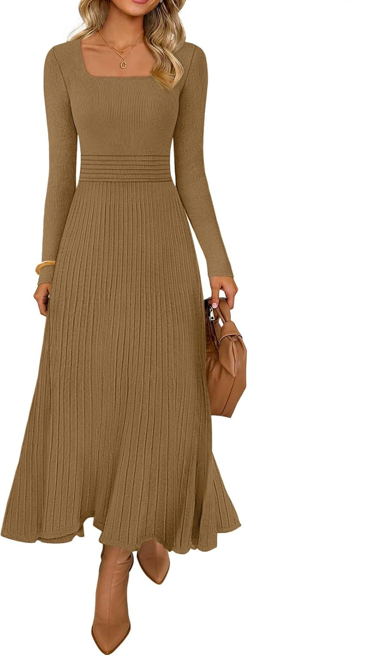 MEROKEETY Women's Sweater Dress 2025 Fall Winter Casual Long Sleeve Square Neck Pleated Church Work Knit Midi Dresses-30