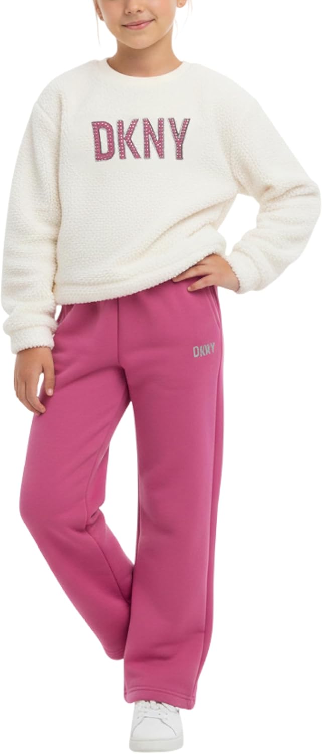 DKNY Girls Tracksuit Set - 2 Piece Cozy Soft Sherpa Fur Pullover Hoodie and Cargo Joggers Sweatpants Girls Sweatsuit Set