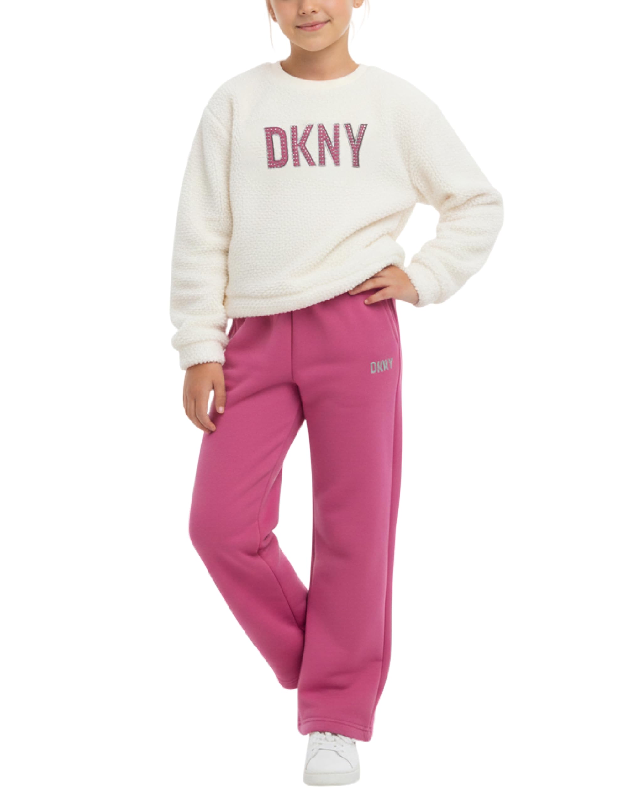 DKNY Girls Tracksuit Set - 2 Piece Cozy Soft Sherpa Fur Pullover Hoodie and Cargo Joggers Sweatpants Girls Sweatsuit Set