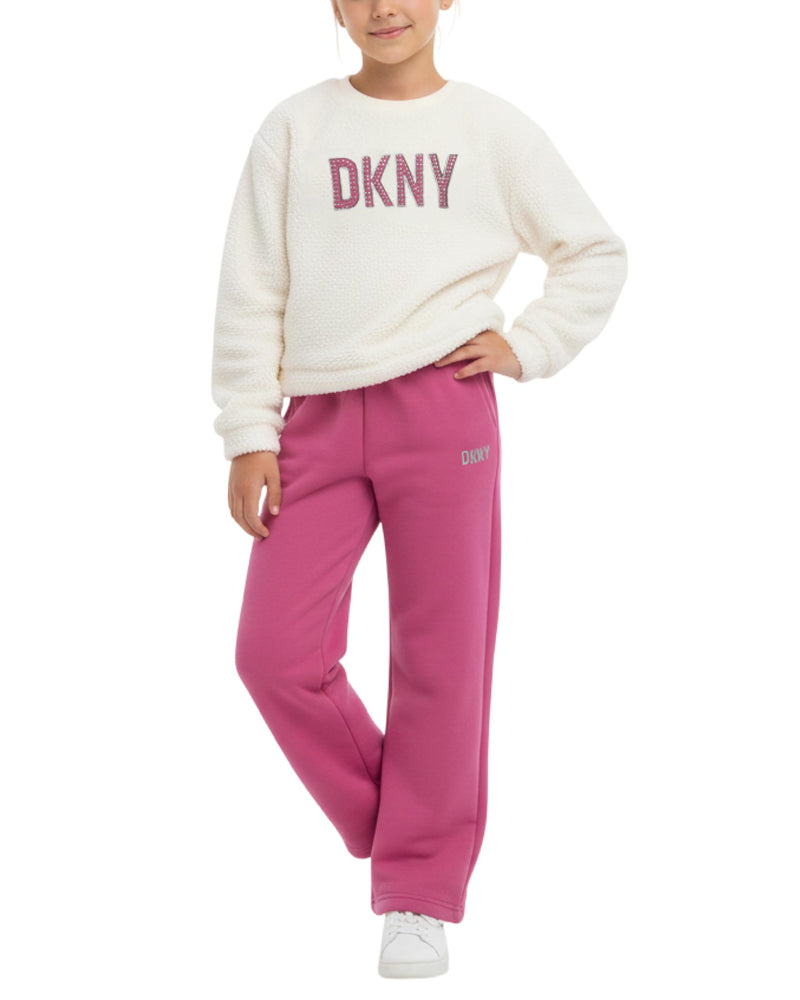 DKNY Girls Tracksuit Set - 2 Piece Cozy Soft Sherpa Fur Pullover Hoodie and Cargo Joggers Sweatpants Girls Sweatsuit Set-24