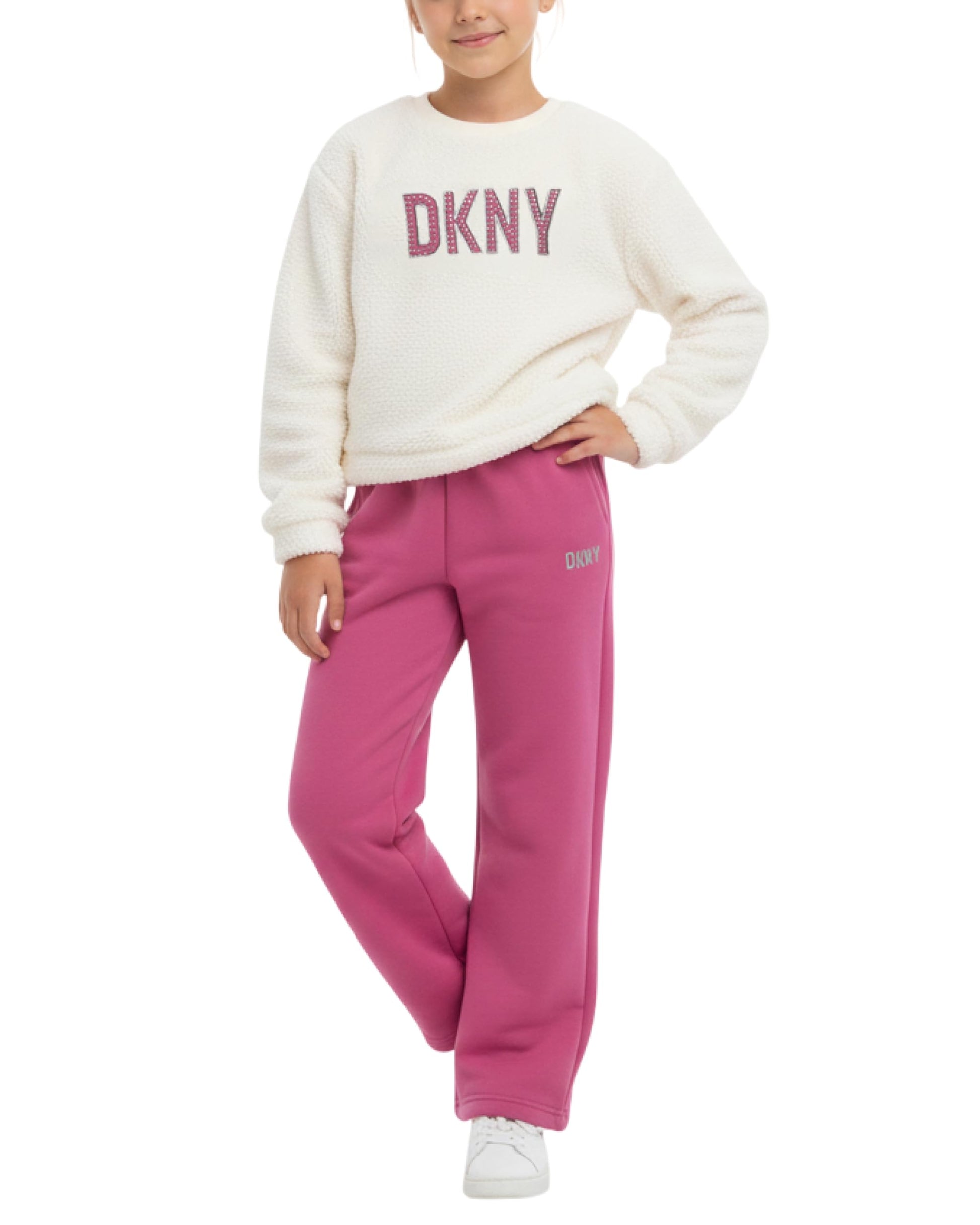 DKNY Girls Tracksuit Set - 2 Piece Cozy Soft Sherpa Fur Pullover Hoodie and Cargo Joggers Sweatpants Girls Sweatsuit Set