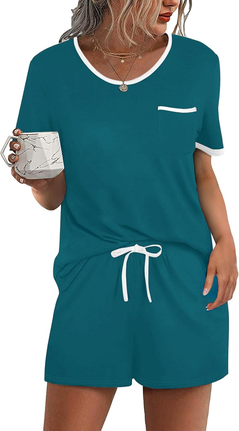 Ekouaer Pajama Set for Women 2 Piece Lounge Set Short Sleeve Tops and Shorts Soft Sleepwear, Chest Pocket-21