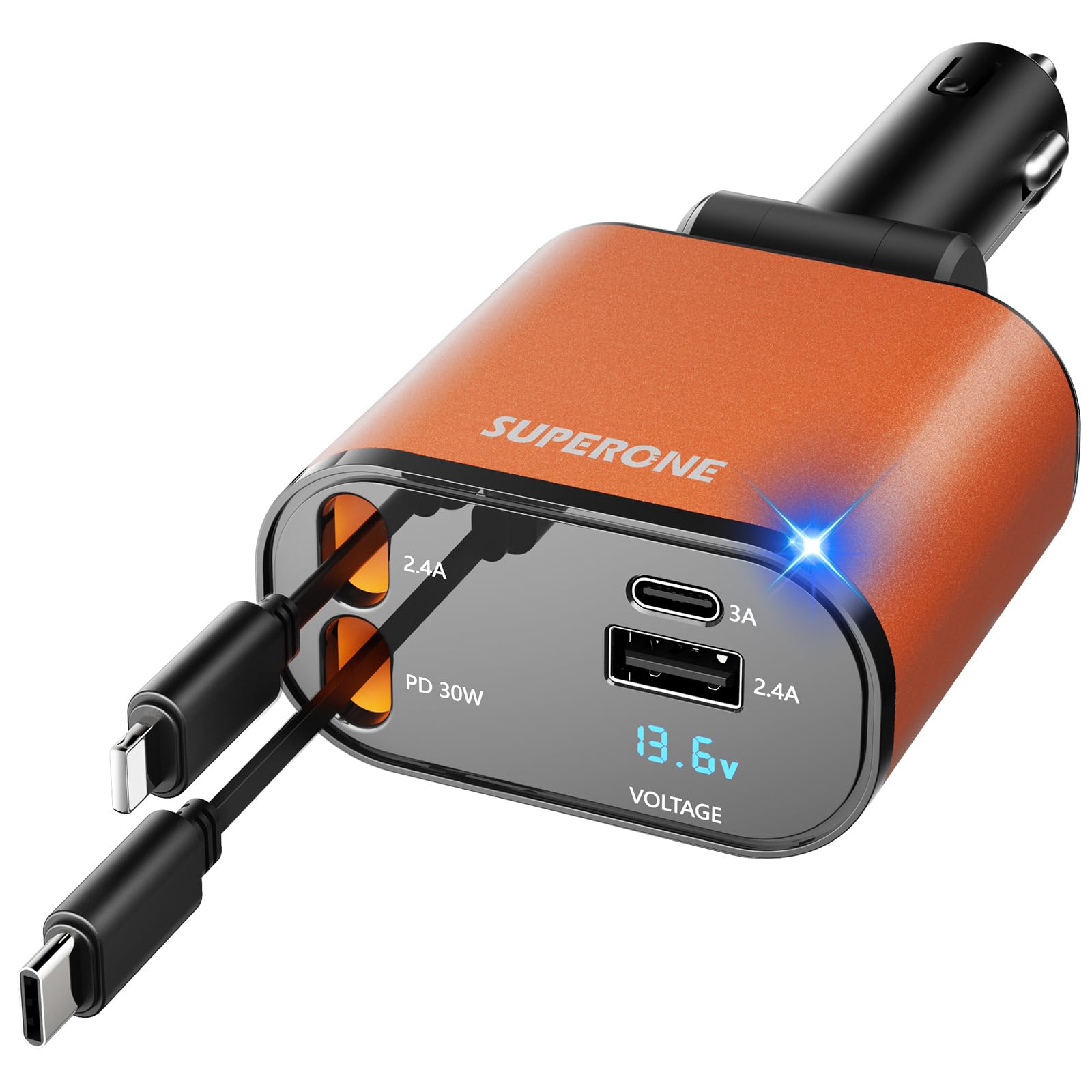 [Upgraded] SUPERONE Retractable Car Charger 4 in 1, Fast Car Phone Charger with Cord 2.6ft, USB C and Apple Car Adapter, Compatible with iPhone 17 16 15/15 Pro Max/14/13/12/11, Galaxy, Pixel