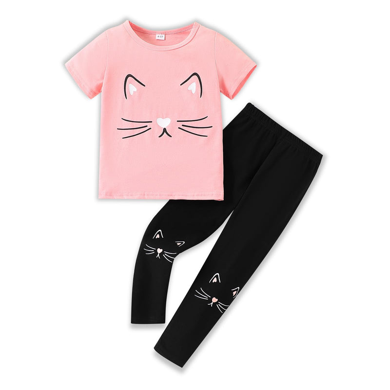 4-8T Toddler Girl Clothes Cat face print Short Sleeve Top+Pants Outfits Girl Spring and summer 2-Piece Set