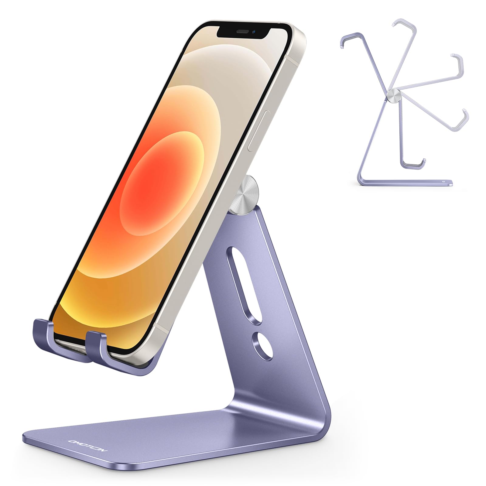 Adjustable Cell Phone Stand, OMOTON Aluminum Desktop Cellphone Stand with Anti-Slip Base and Convenient Charging Port, Fits All Smart Phones, Silver