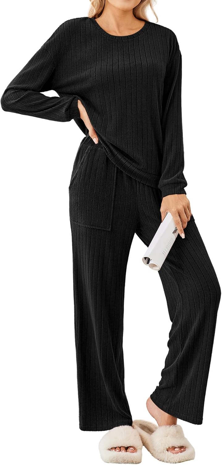 Ekouaer Lounge Sets for Women Ribbed Knit Pajama Sets 2 Piece Long Sleeve Pjs Soft Loungewear Outfits with Pockets-37