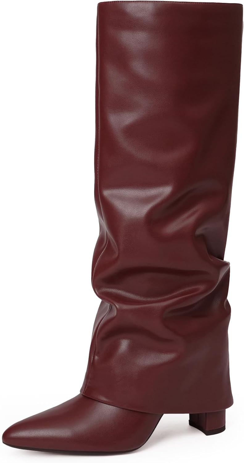 Modatope Knee High Boots Women Fold Over Knee High Boots Chunky High Heels Long Boots Zipper Pointed Toe Dress Tall Boots for Women-39