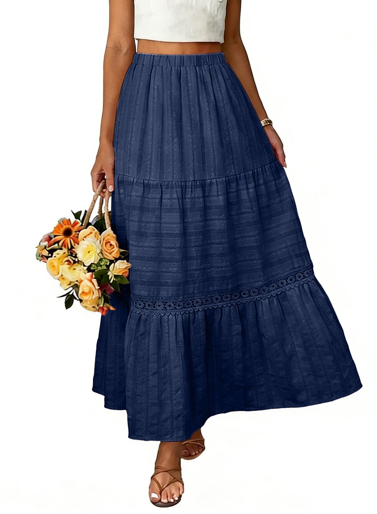 BLENCOT Long Skirts for Women Boho Crochet Lace High Waisted A-Line Cotton Tiered Maxi Skirt