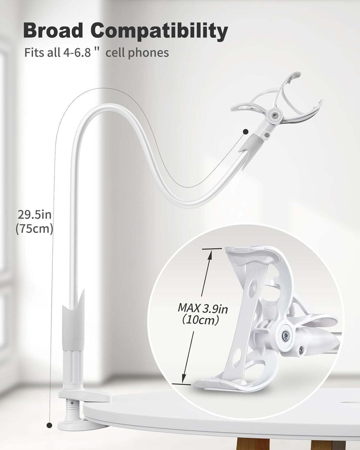 SAIJI Gooseneck Cell Phone Holder, Clamp Universal Lazy Mount Clip Hands Free Flexible Long Arm Bracket Grip for 4-7 Phones Mobile Stand Baby Monitor for Desk, Bed, Office, Kitchen (White)