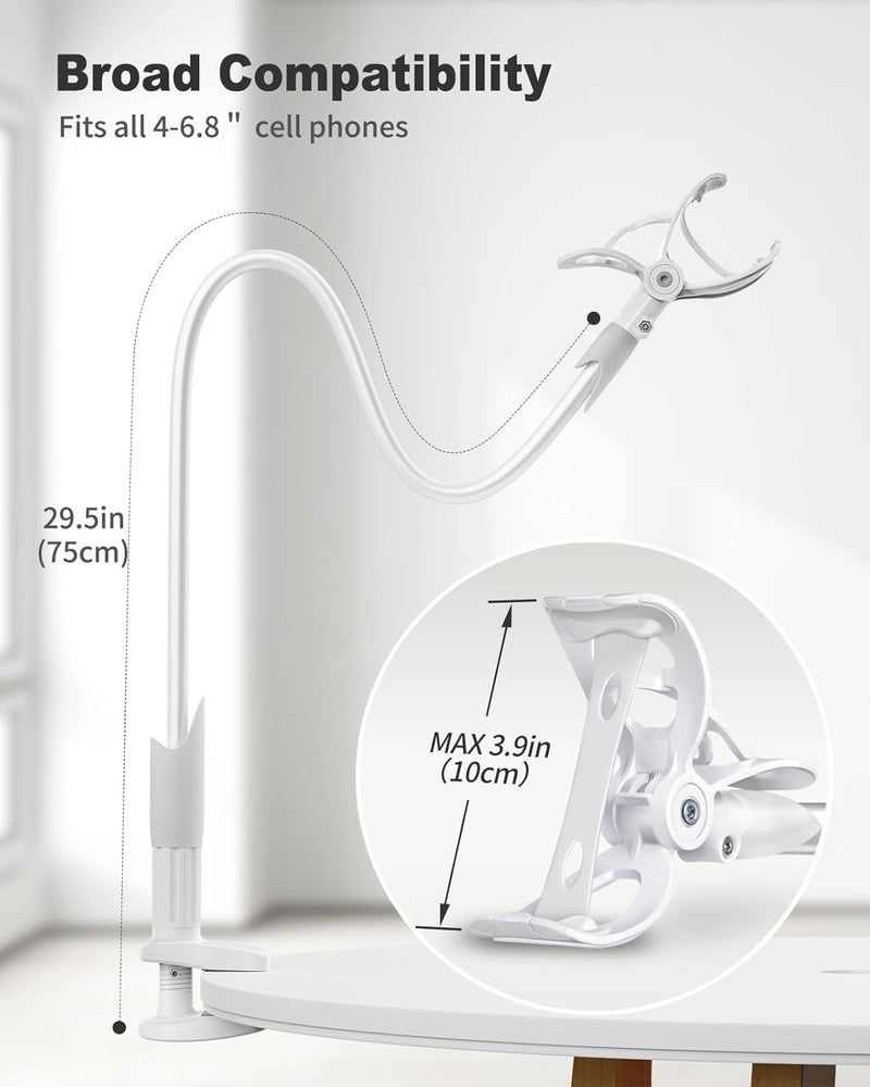 SAIJI Gooseneck Cell Phone Holder, Clamp Universal Lazy Mount Clip Hands Free Flexible Long Arm Bracket Grip for 4-7 Phones Mobile Stand Baby Monitor for Desk, Bed, Office, Kitchen (White)