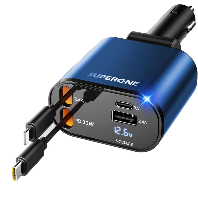 [Upgraded] SUPERONE Retractable Car Charger 4 in 1, Fast Car Phone Charger with Cord 2.6ft, USB C and Apple Car Adapter, Compatible with iPhone 17 16 15/15 Pro Max/14/13/12/11, Galaxy, Pixel