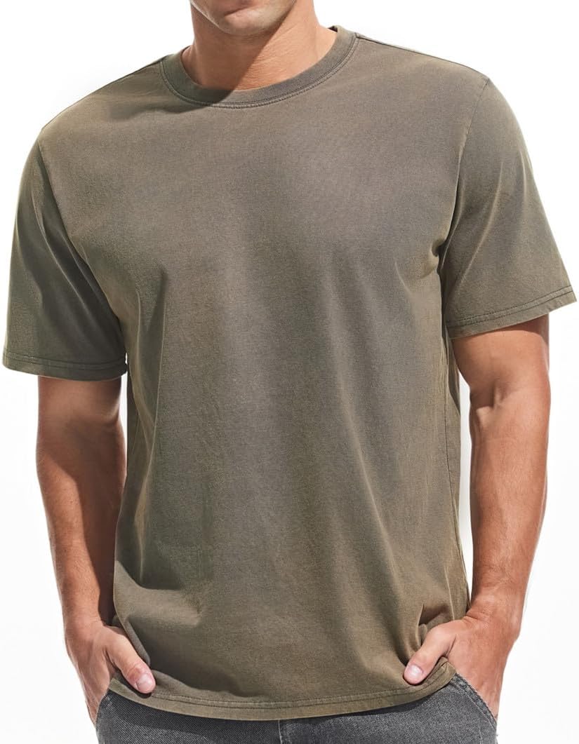VEIISAR Men's Heavy Weight Crew Neck 100% Cotton T-Shirt - 250g/m² Thick Distressed Washed T-Shirts for Men
