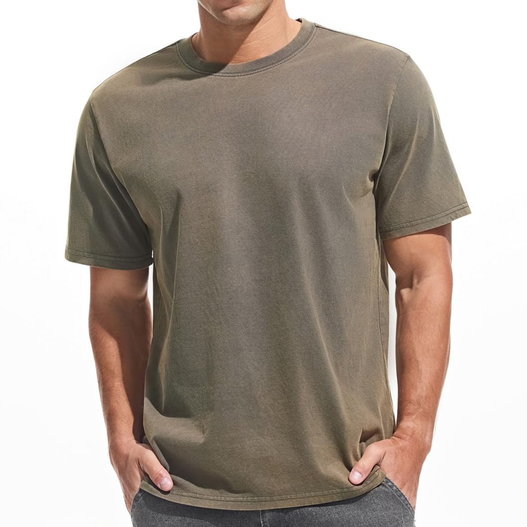 VEIISAR Men's Heavy Weight Crew Neck 100% Cotton T-Shirt - 250g/m² Thick Distressed Washed T-Shirts for Men