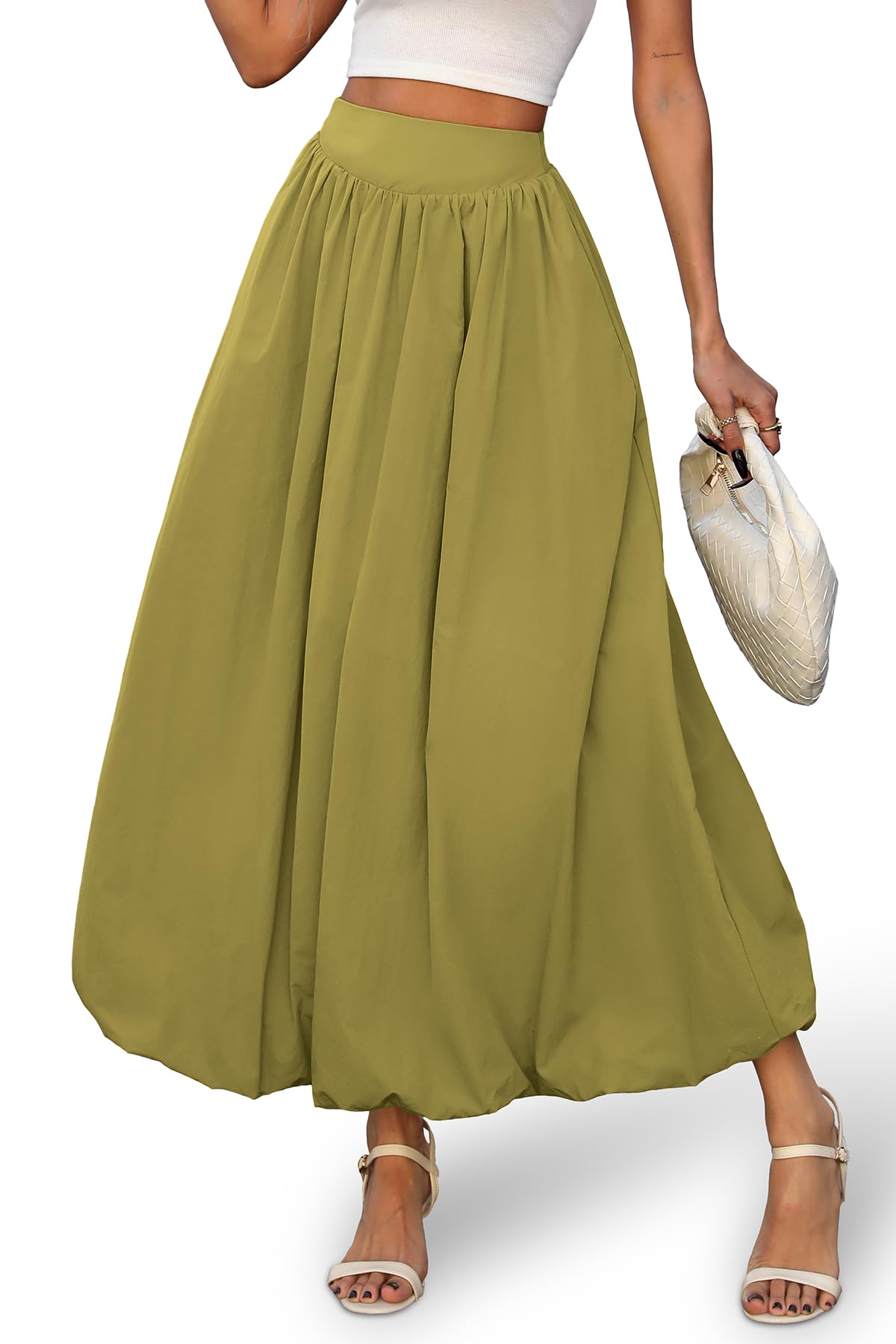 ELLEVEN Women's Bubble Maxi Skirt, Elastic Waist Puffy Hem A-Line Skirt with Pockets