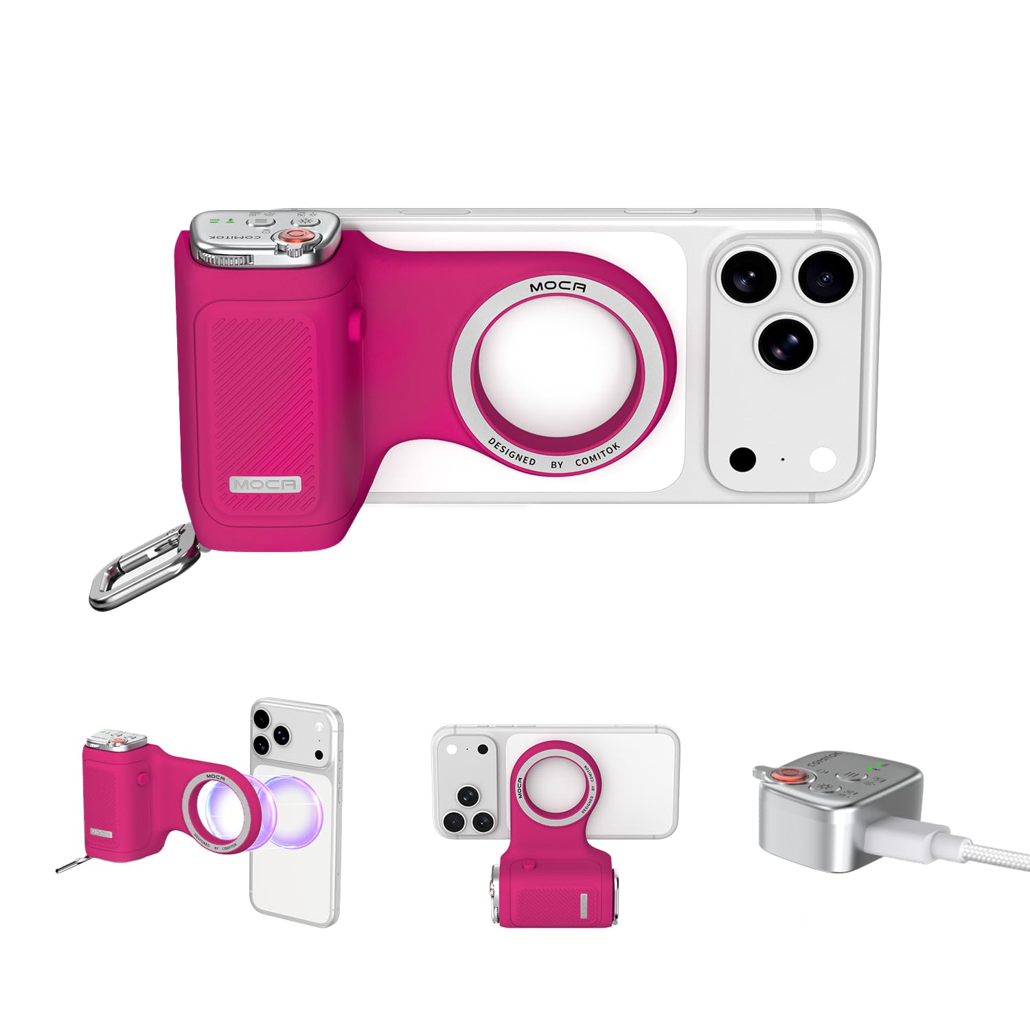 COMITOK MOCA - iPhone Camera Grip - for Native Camera Control with Removable Remote & Built-in Keychain, Magnetic Phone Camera Grip No Need App Support iOS26/17/18, Fun Shot Magnetic Grip with 1/4 Nut