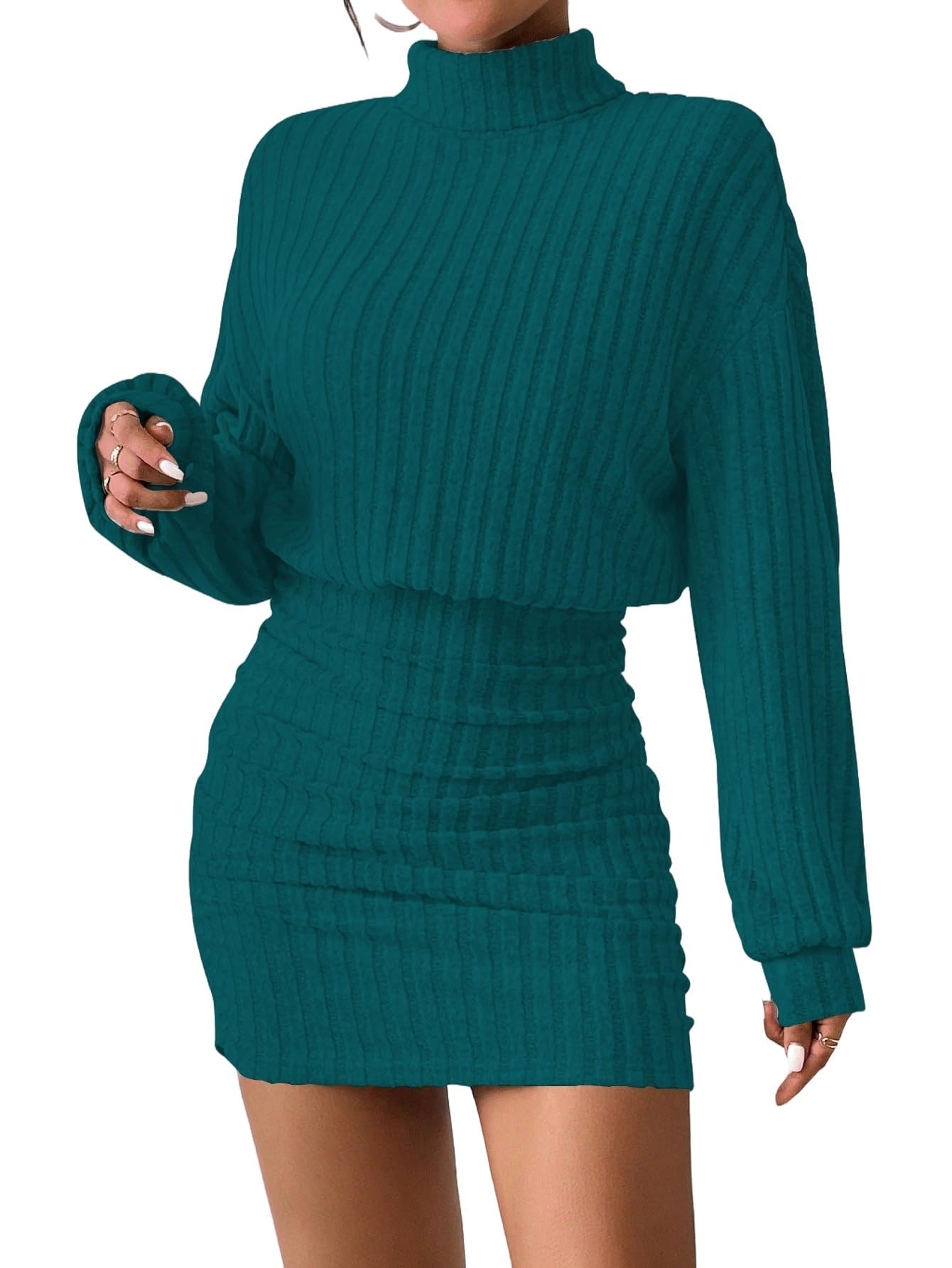 Women's Pullover Sweater Dress Long Lantern Sleeve Turtle Neck Cute Ribbed Knit Bodycon Mini Short Dress 2025 Fall-55