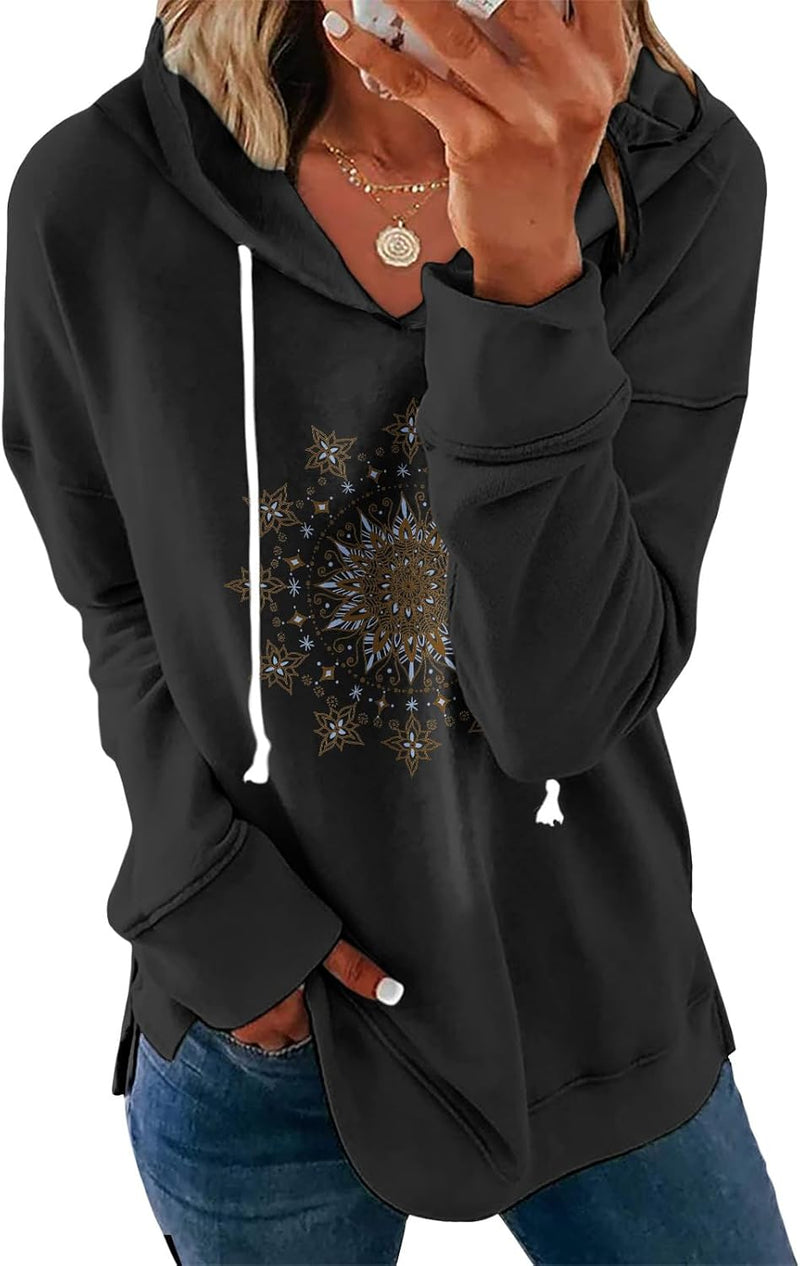 Womens Casual Loose Fit Pullover Sweatshirt with Artistic Print Drawstring Hood Long Sleeve Cotton Blend for Fall-65