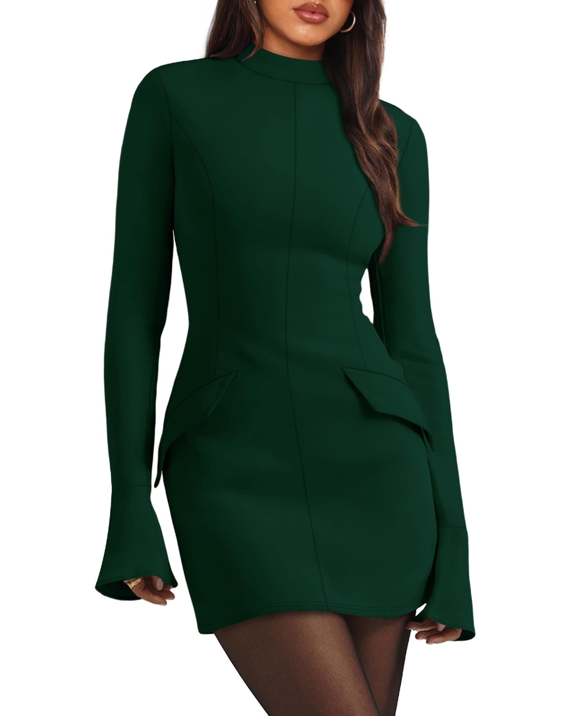 OFEEFAN Women's Fall Long Sleeve Mock Neck Dress Basic Party Club Bodycon Mini Dresses-83