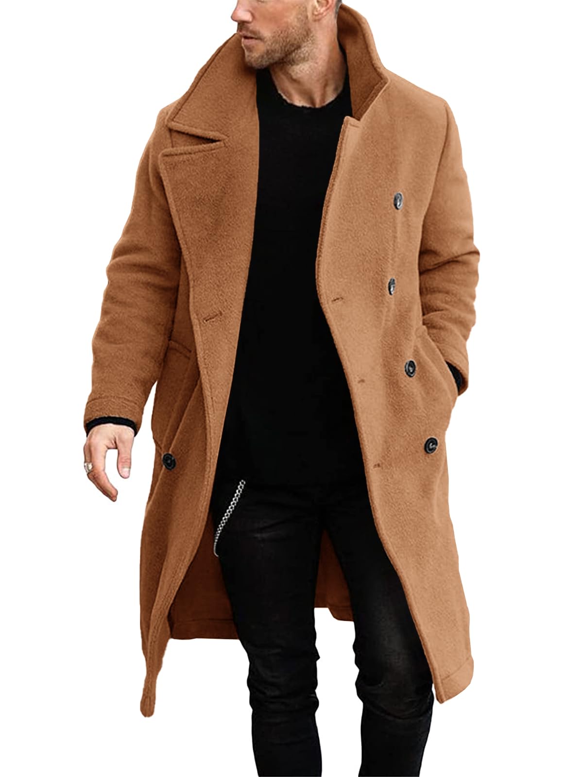 Makkrom Mens Double Breasted Trench Coat Casual Lapel Collar Business Winter Long Overcoats-2