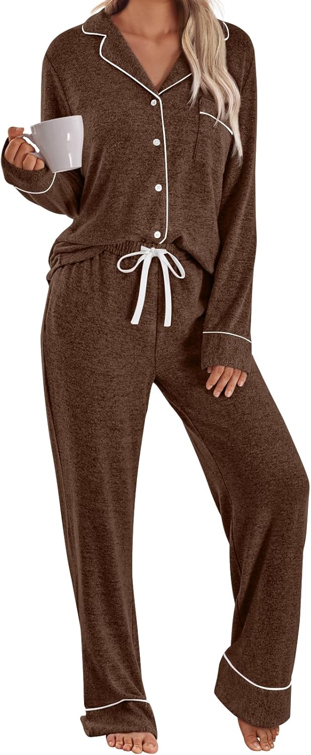 LILLUSORY Women's Long Sleeve Pajama Set - Soft Button-Down Top & Comfortable Drawstring Pants with Pockets-37