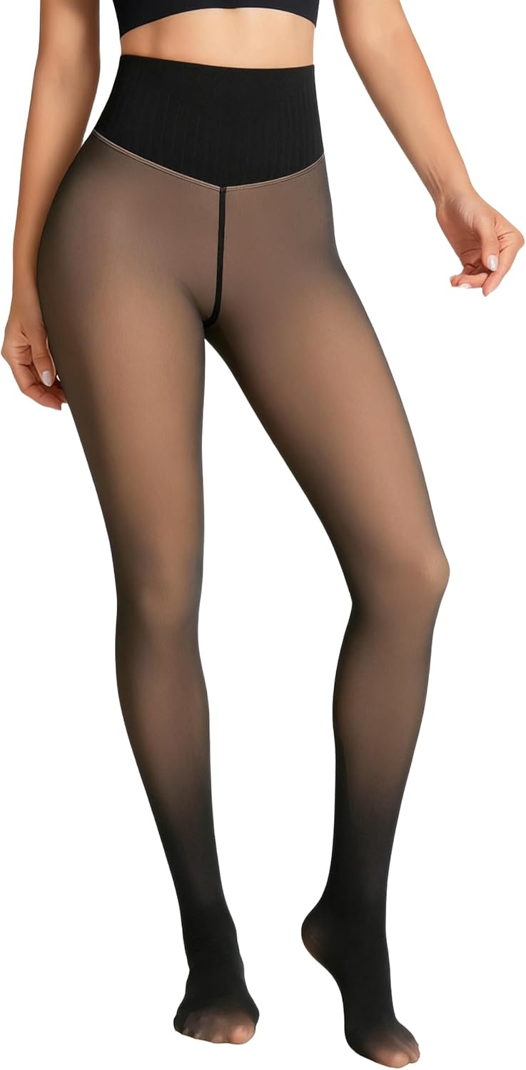Women's Fake Sheer Thermal Tights - One-Seam Fleece Lined Leggings with Tummy Control & Butt Lifting