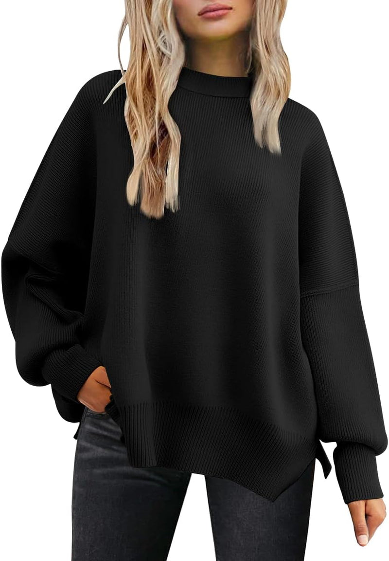 LILLUSORY Women's Oversized Batwing Sweaters 2025 Fall Outfits Trendy Crewneck Knit Side Slit Fashion Pullover Tops-5