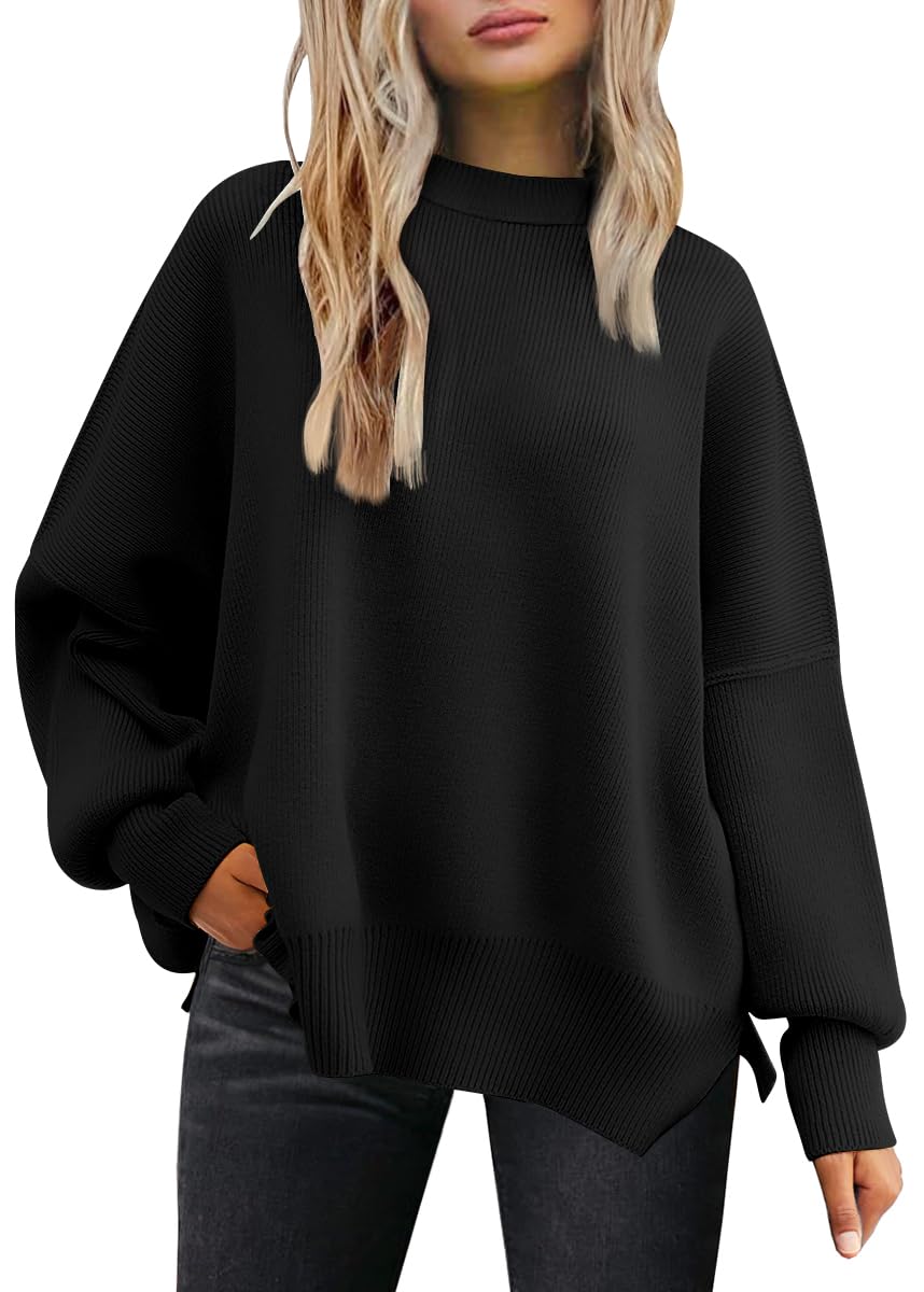 LILLUSORY Women's Oversized Batwing Sweaters 2025 Fall Outfits Trendy Crewneck Knit Side Slit Fashion Pullover Tops-86