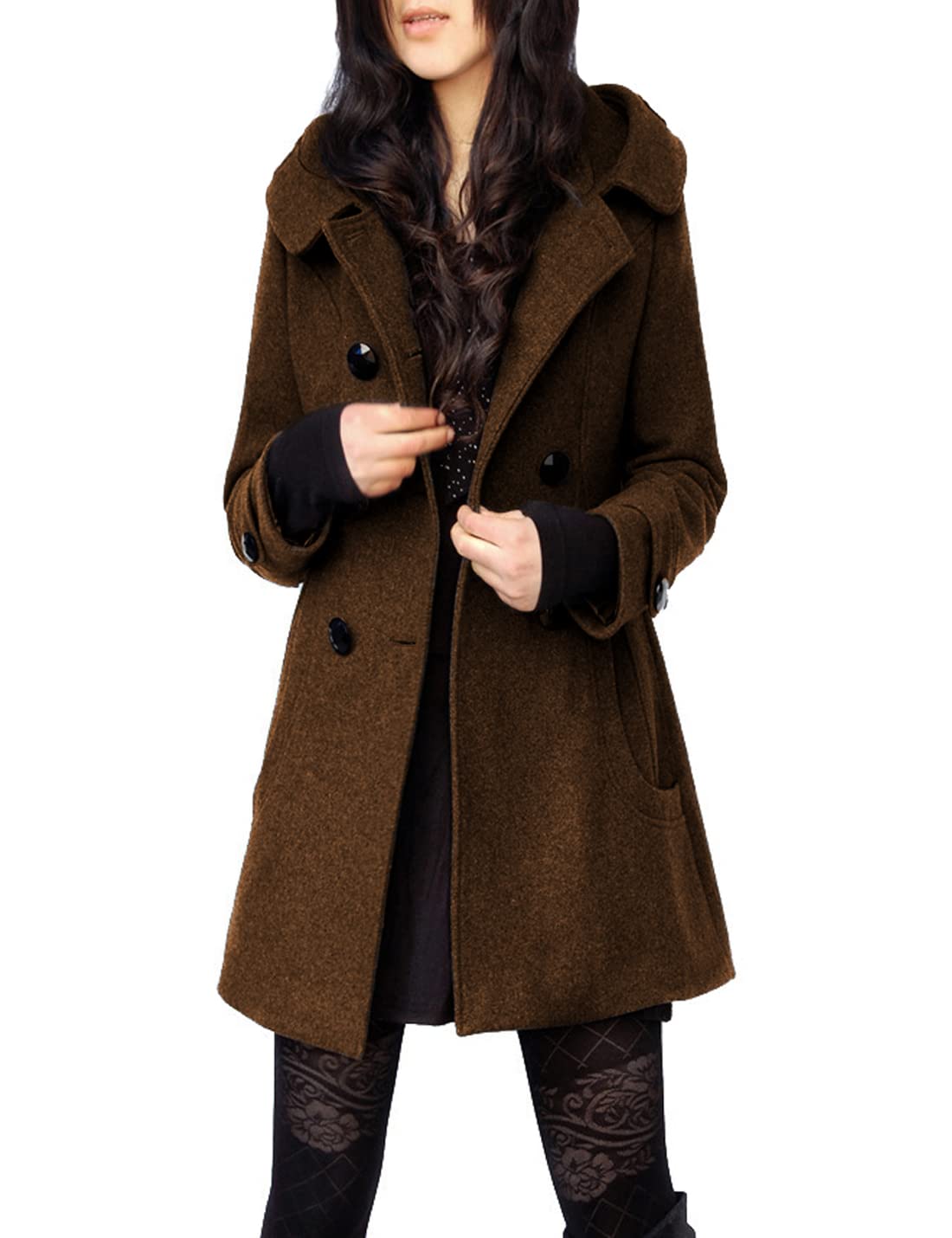 Tanming Women's Warm Double Breasted Wool Pea Coat Trench Coat Jacket with Hood-19