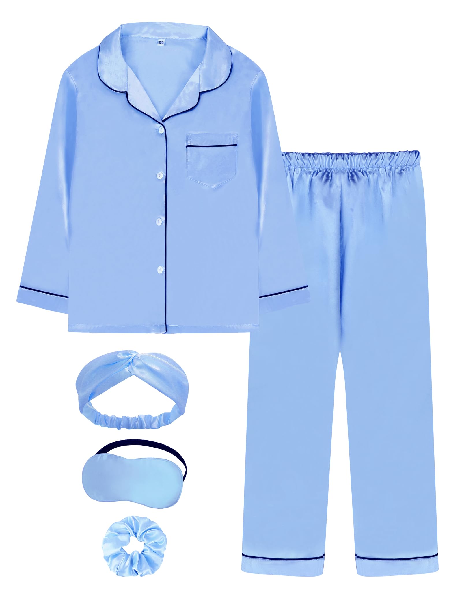 EPLAZA Kids Satin Pajamas Sets Girls Boys Button-Down Silky Pajamas Sleepwear with Hairband Eye Mask Hair Tie-72