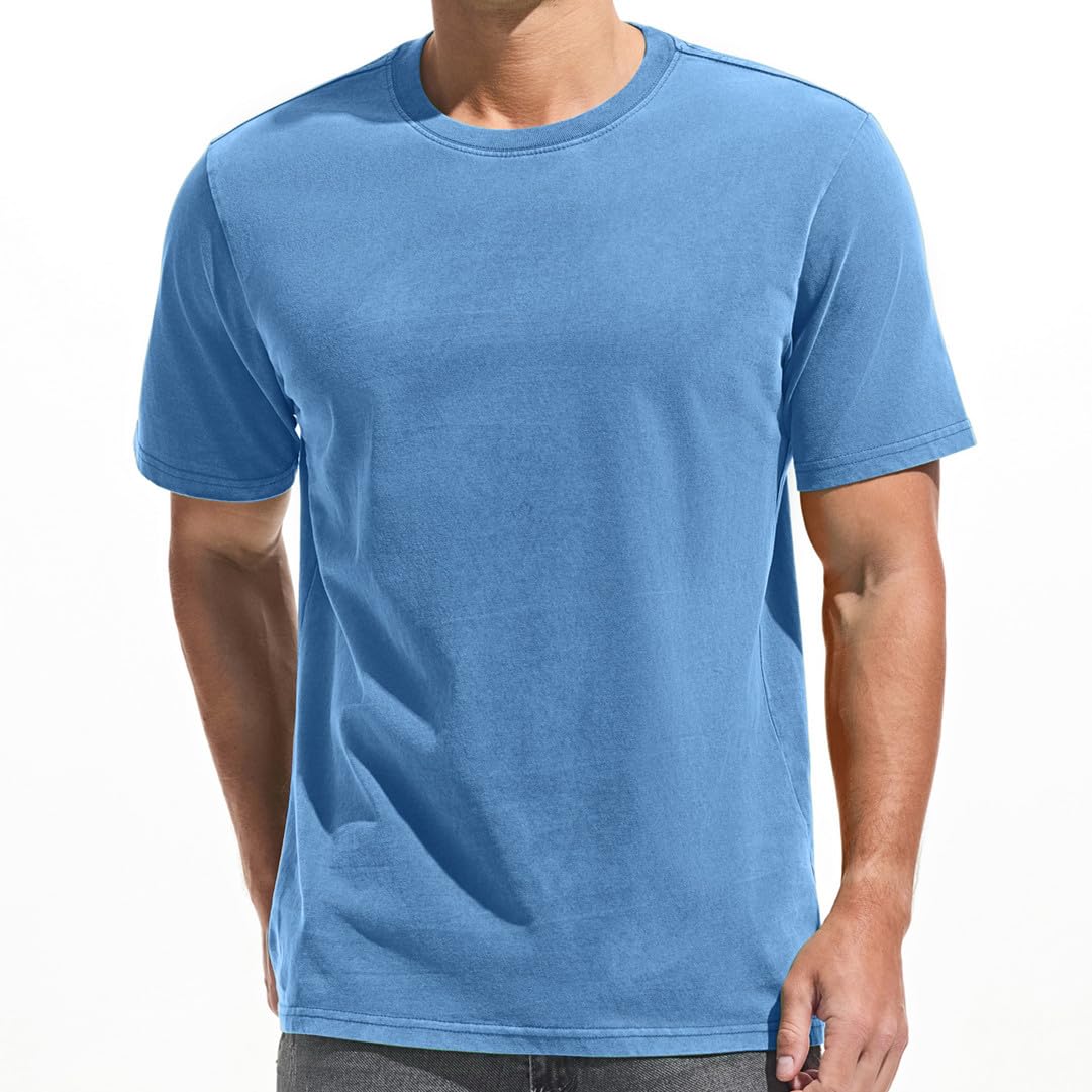 VEIISAR Men's Heavy Weight Crew Neck 100% Cotton T-Shirt - 250g/m² Thick Distressed Washed T-Shirts for Men