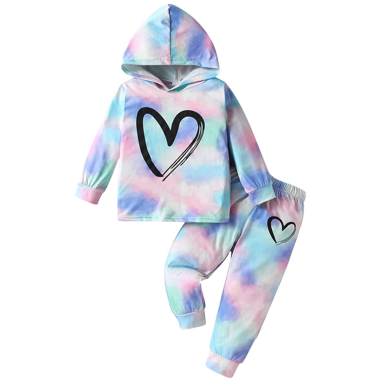 Toddler Baby Girls Clothes Long-sleeve Tie Dye Hoodie Pullover and Sweatpants Heart Print Hooded Outfits Set