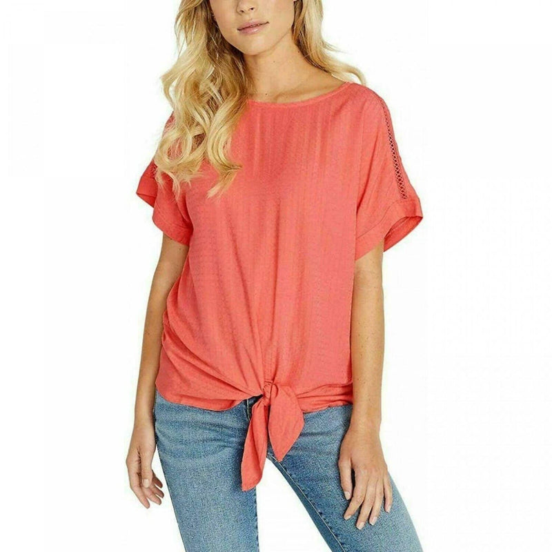 Buffalo David Bitton Women's Tie Front Woven Top With Crochet Inserts, Coral, M-1