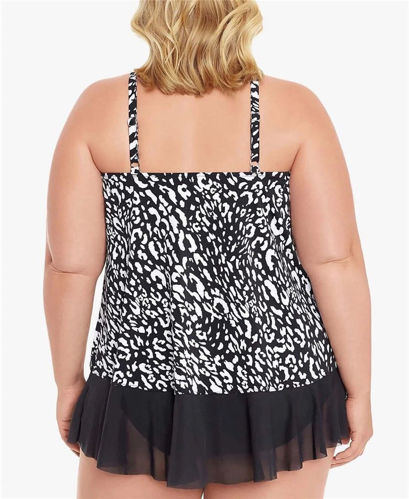 Swim Solutions Going Boldly Pleated High-Neck Ruffle Tankini Top, BLACK, 20W-2