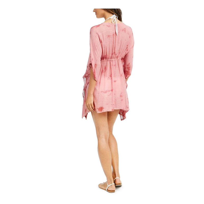 Raviya Womens' Crochet Trim Tie Front Kimono Swim Cover Up Blush Tie Dye Size M-3