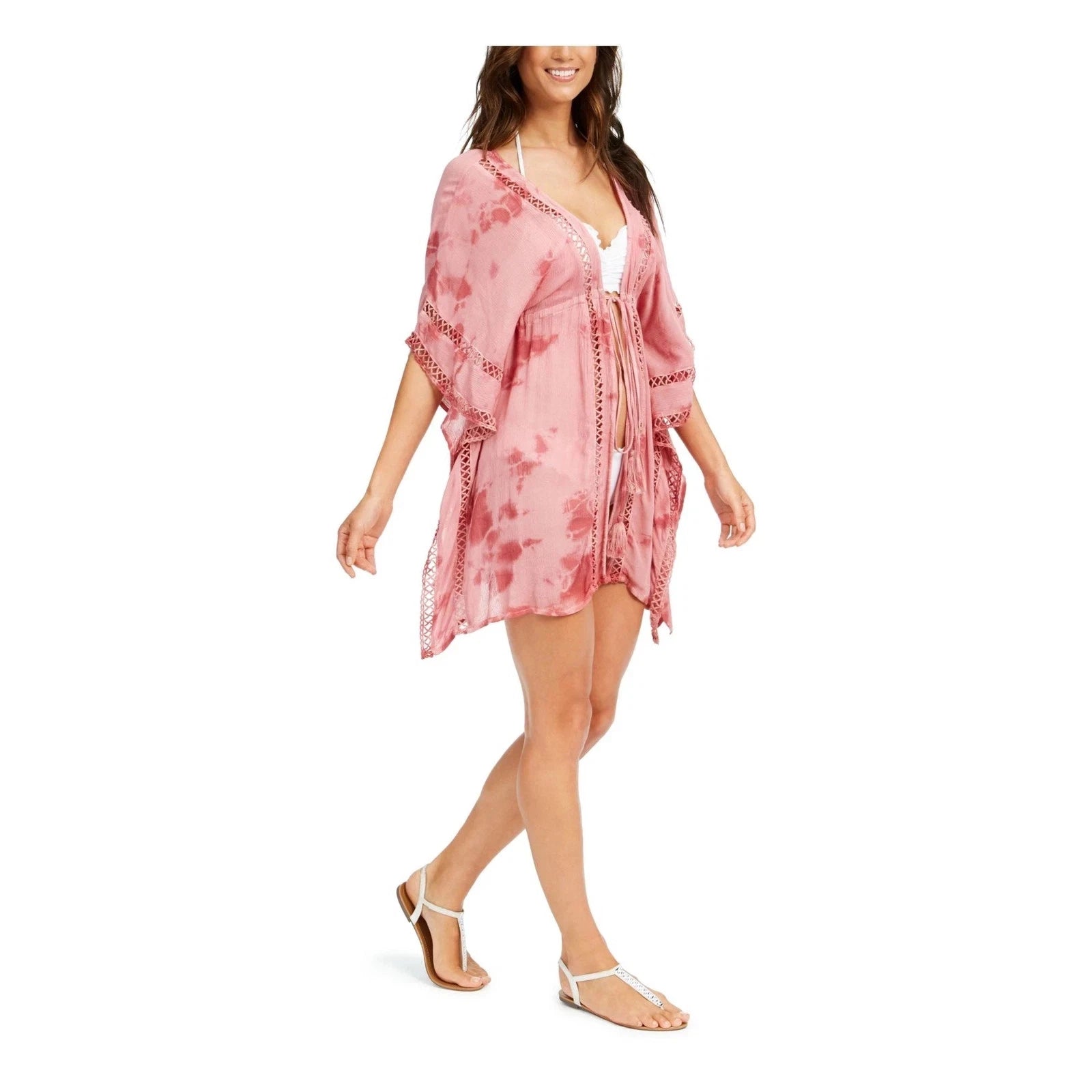 Raviya Womens' Crochet Trim Tie Front Kimono Swim Cover Up Blush Tie Dye Size M-2