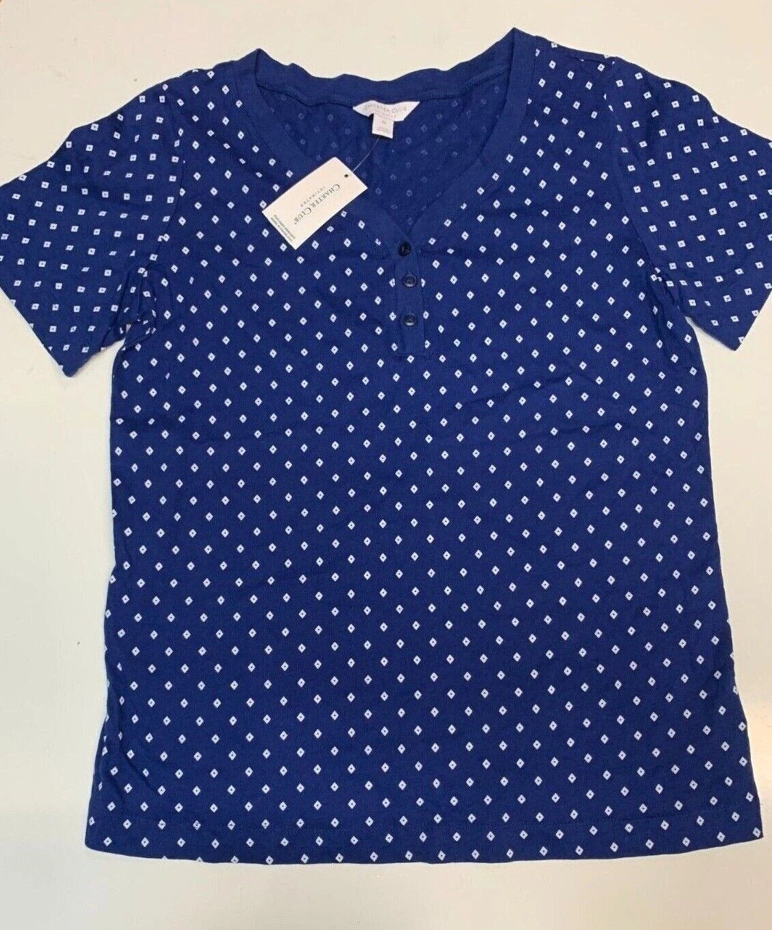 CHARTER CLUB Intimates Women's Short Sleeve Pajama TOP ONLY - Blue Diamante- XS-1