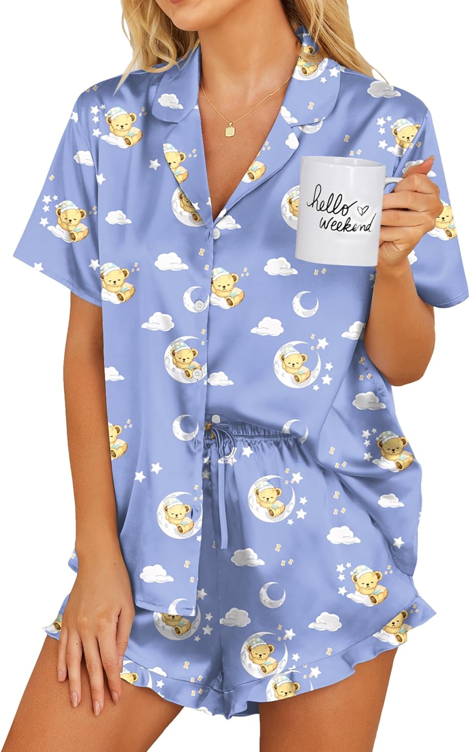 Ekouaer Womens Satin Pajamas Set Button Down 2 Piece Silk Pjs Shorts Set Ruffle Lingerie Notch Collar Sleepwear-86